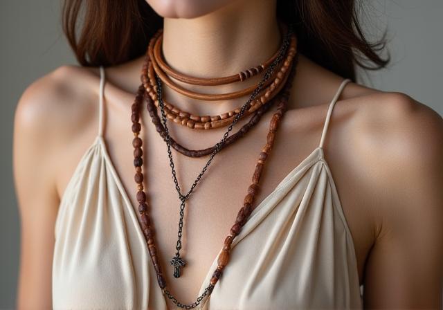 Superposition de bijoux en bois mix and match